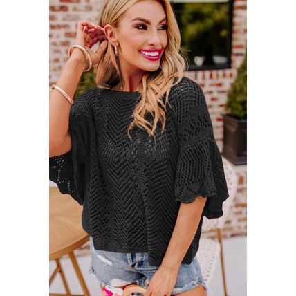 Black Pointelle Knit Scallop Edge Short Sleeve Top