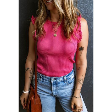 Bright Pink Ribbed Ruffled Sweater Tank