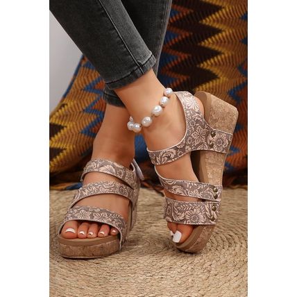 Light French Beige Floral Print Hollowed Strappy Wedged Sandals