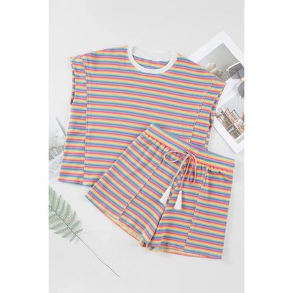 Pink Stripe Crew Neck Tee and Tasseled Drawstring Shorts Set