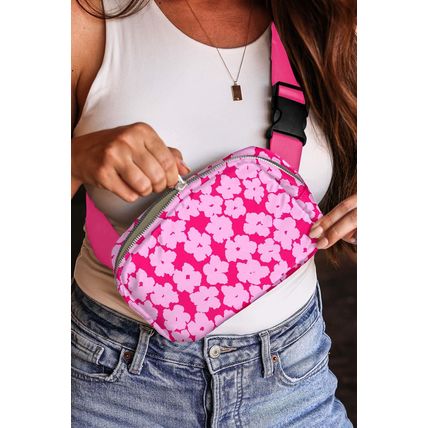 Rose Red Flower Print Wide Belt Buckle Zipper Crossbody Bag