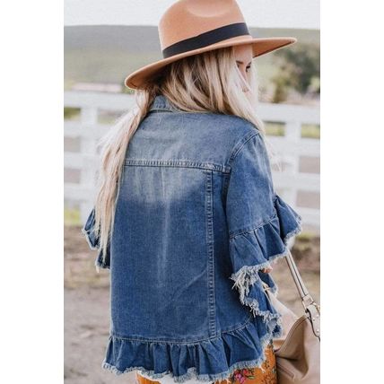 Peacock Blue Raw Edge Ruffled Short Sleeve Denim Jacket