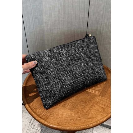 Black Straw Woven Wrist Strap Zipper Large Wallet