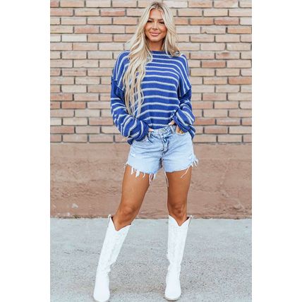 Sky Blue Stripe Drop Shoulder Casual Sweater