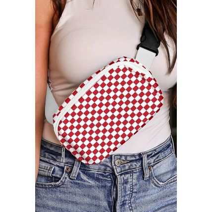 Fiery Red Checkered Print Zipped Buckle Strap Crossbody Bag