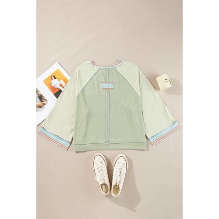 Meadow Mist Green Waffle Knit Wide Bracelet Sleeve Patchwork Raglan Top