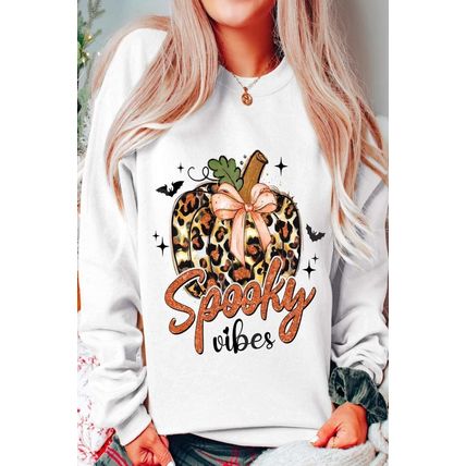 Beige Spooky Leopard Pumpkin Print Crew Neck Sweatshirt
