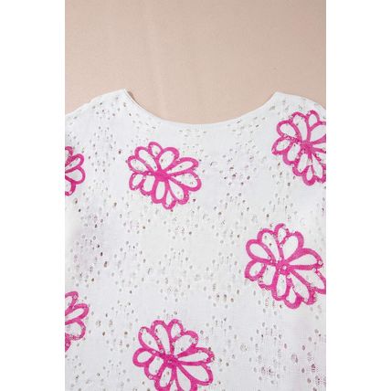 White Contrast Flower Print Eyelet Drop Shoulder Sweater