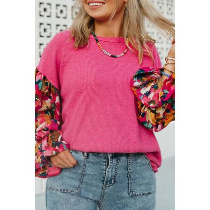 Bright Pink Floral Patchwork Flounce Sleeve Rib Knit Plus Top