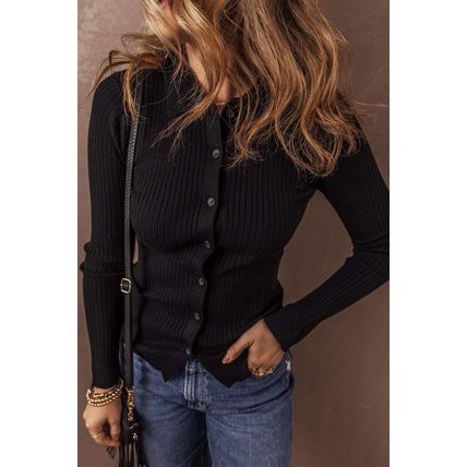 Black Ribbed Knit Collared Slim Fit Sweater Cardigan