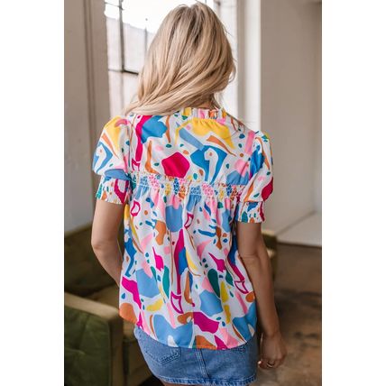 Multicolour Abstract Print Lace Detail Shirred Short Sleeve Split Neck Blouse