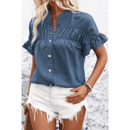 Real Teal Solid Color Ruffle Ruched Short Sleeve Buttoned Shirt