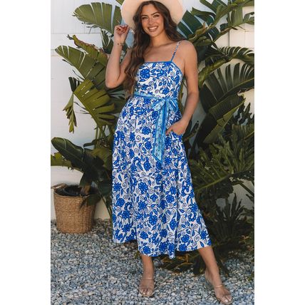 Blue Floral Printed Spaghetti Strap Maxi Dress with Waist Tie