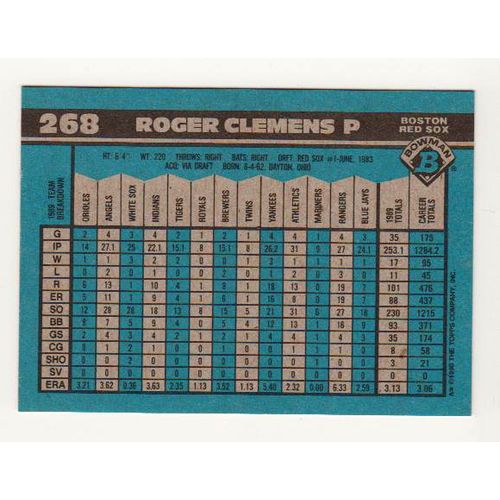 1990 Bowman baseball Roger Clemens card #268 -NM – Red Sox