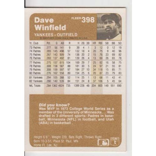 1983 Fleer baseball Dave Winfield card #398 - NM - HOF-Yankees