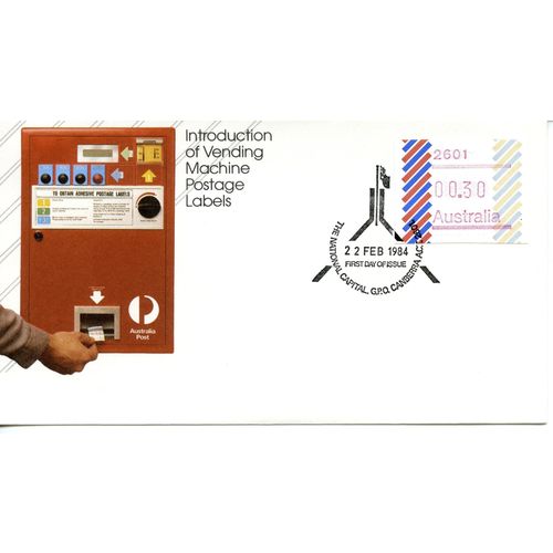 AUSTRALIA 1984 FDC FRAMA Vending Machine Labels Full Set of 7 x 30c Barred Edge
