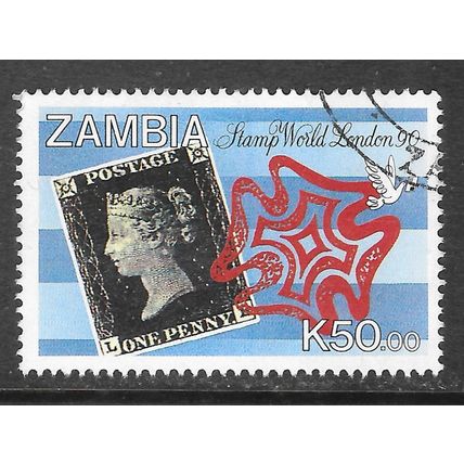 ZAMBIA 1990 STAMP WORLD LONDON PENNY BLACK ON K50.00 USED QUEEN VICTORIA MALTA X