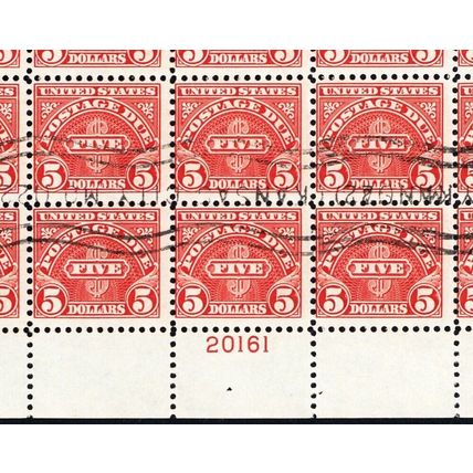 J78, Used Sheet of 100 $5 Postage Due Stamps RARE! - Stuart Katz