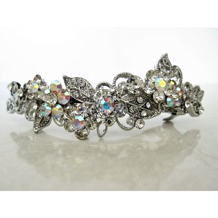 Large silver leaves flowers pink purple amber brown crystal hair barrette