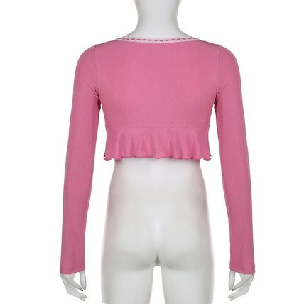 Korean Fashion Frill Pink Crop Top Women T-shirts Slim Y2k Cute Lace Trim Coquet