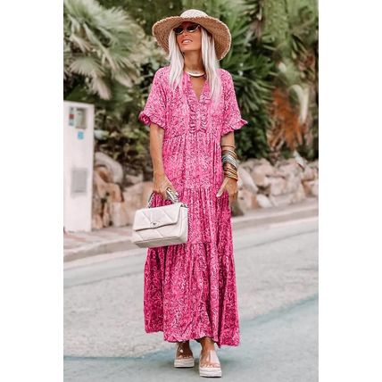 Pink Paisley Print Boho Holiday Ruffle Tiered Maxi Dress