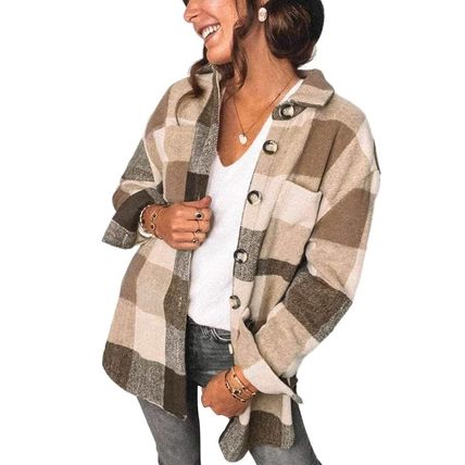 Khaki Plaid Color Block Buttoned Long Sleeve Jacket with Pocket