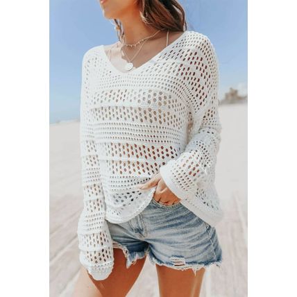 White Hollow Out Crochet V Neck Pullover Sweater