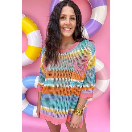 Pink Stripe Colorblock Hollowed Crochet 3/4 Sleeve Sweater