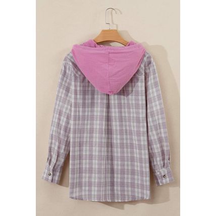 Pink Checkered Print Loose Fit Buttoned Hooded Shacket