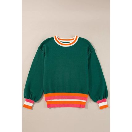 Blackish Green Colorblock Striped Trim Drop Shoulder Sweater