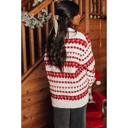 White Western Geometric Patterned Crew Neck Loose Sweater