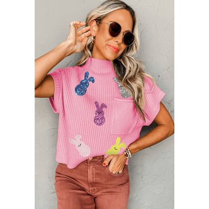 Pink Sequin Bunny Doll Graphic Ribbed High Neck Short Sleeve Sweater