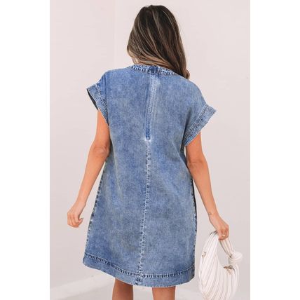 Beau Blue Tie V Neck Tucking Detail Short Sleeve Denim Shift Dress