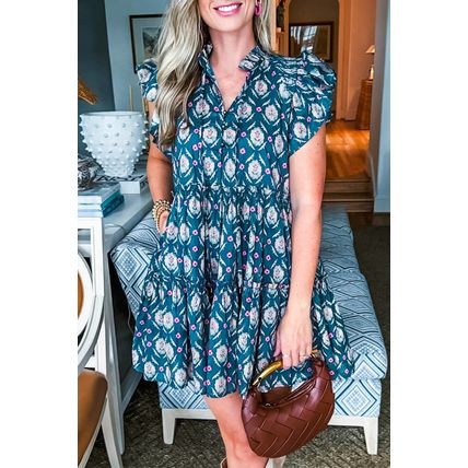 Blue Retro Floral Print Split Neck Ruffle Short Sleeve Dress