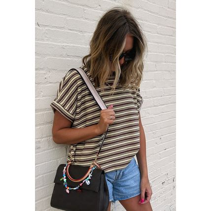 Brown Stripe Textured Side Slits Crew Neck T Shirt