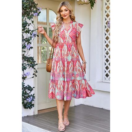 Rose Tribal Paisley Print Ruffled Sleeve Notch Neck Midi Dress