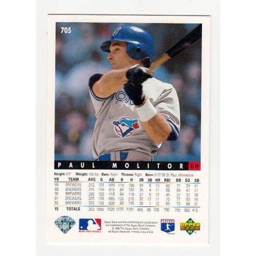 1993 Upper Deck Paul Molitor baseball card #705 NM- HOF-Blue Jays