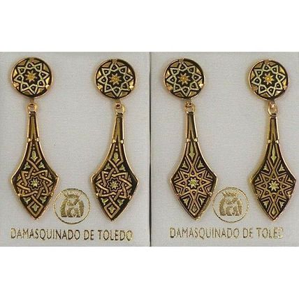 Damascene Gold Star Design Deltoid Drop Earrings by Midas of Toledo Spain 2112