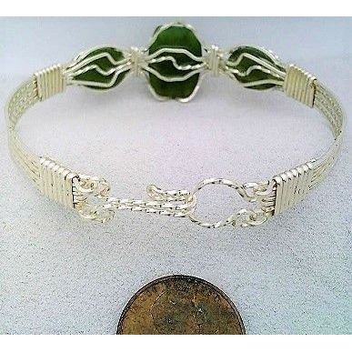 Jade Silver Wire Wrap Gemstone Bangle Cuff Bracelet Sz. 7