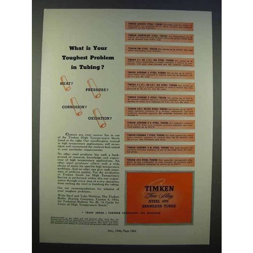 1946 Timken Alloy Steel Ad - Toughest Problem in Tubing