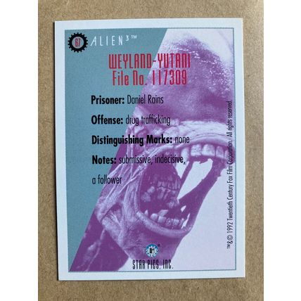 Alien3 Base trading card # 67 Daniel Rains (A) 1992 Star Pics Dark Horse