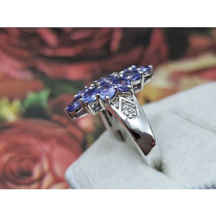 Natural Tanzanite Zircon Rhombus Cluster Ring Sz P½ Platinum Overlay 925 Silver