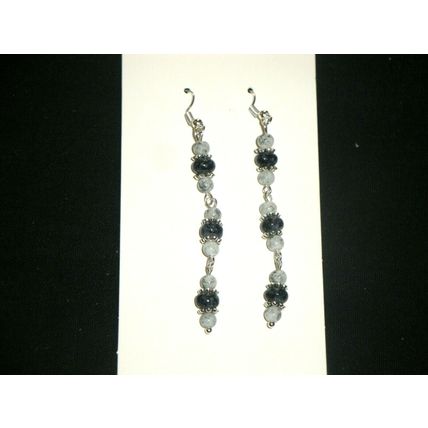 Exquisite black & grey glass long swing earrings 925 sterling ear wire