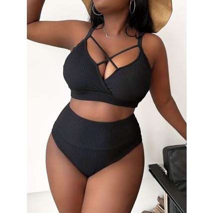 New Sexy Plus Solid Size Color Halter High Waist Bikini Swimsuit