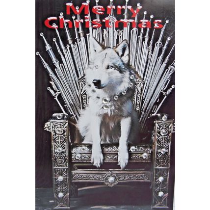 STUNNING WOLF XMAS CARD WOLF ON A THRONE MADE OF SWORDS CHRISTMAS CARD