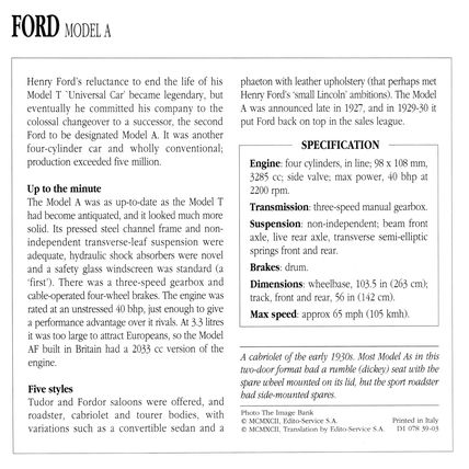Collectors Club card. Classic Cars. Ford Model A