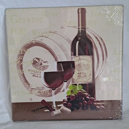 WINE & GRAPES Kitchen Square Glass CUTTING BOARD Vineyard Bottle Grape NEW