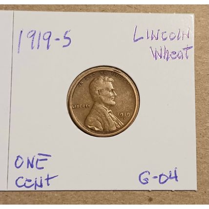 1- 1919 S ( CIRCULATED-G04 ) LINCOLN WHEAT EAR ONE CENT.
