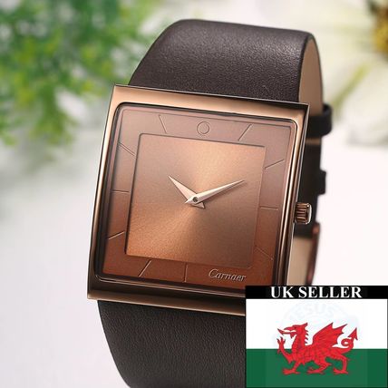Gents Luxury Large Bronze Square Face Wide Brown Genuine Leather Strap Watch