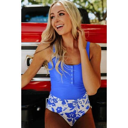 Blue Square Neck Sleeveless Fashion Print Tankini Set